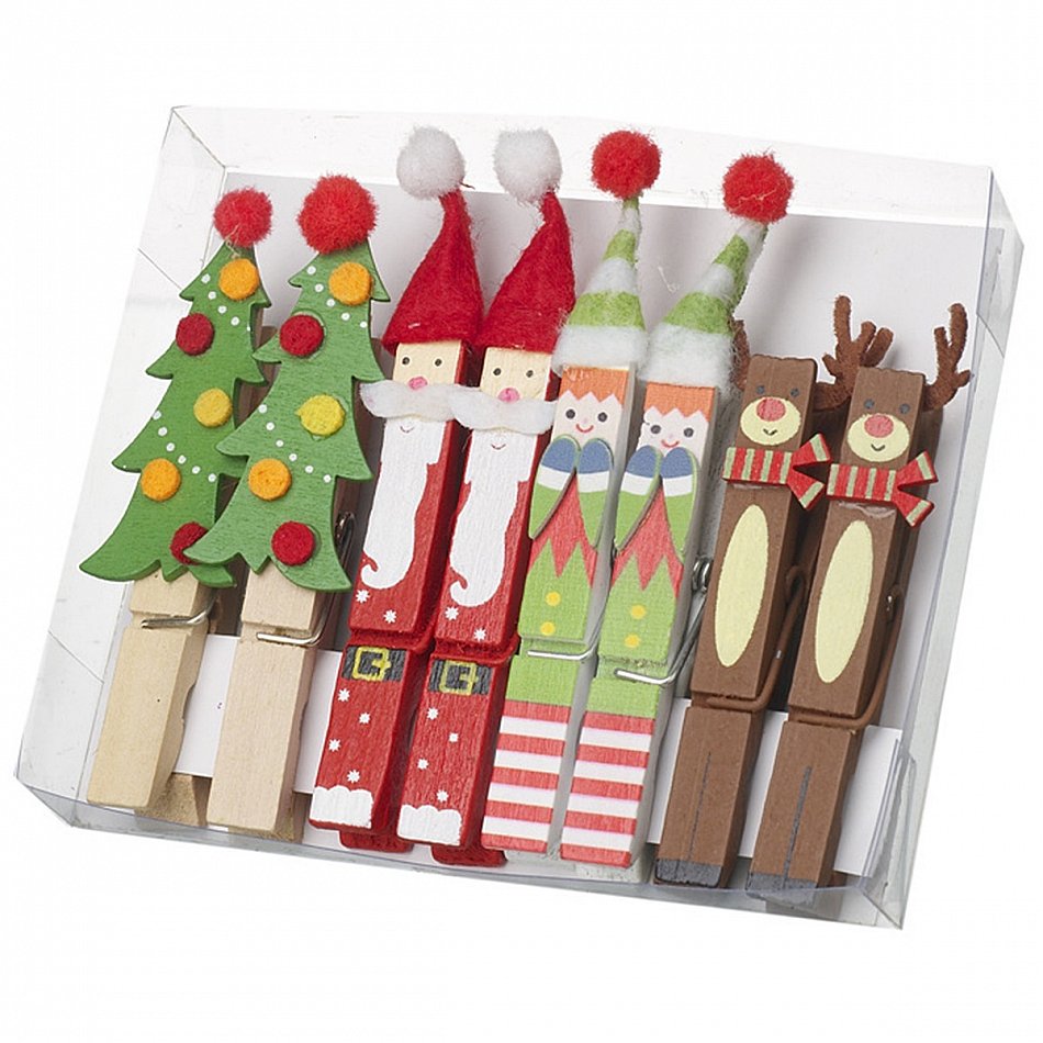 8er DekoKlammern SANTA, TANNENBAUM, ELF und RENTIER Adventskalender