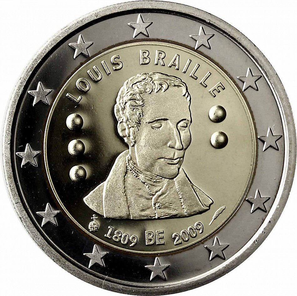 Belgien 2 Euro Münze Blindenschrift Louis Braille 2009 Gedenkmünze PP im Etui eBay