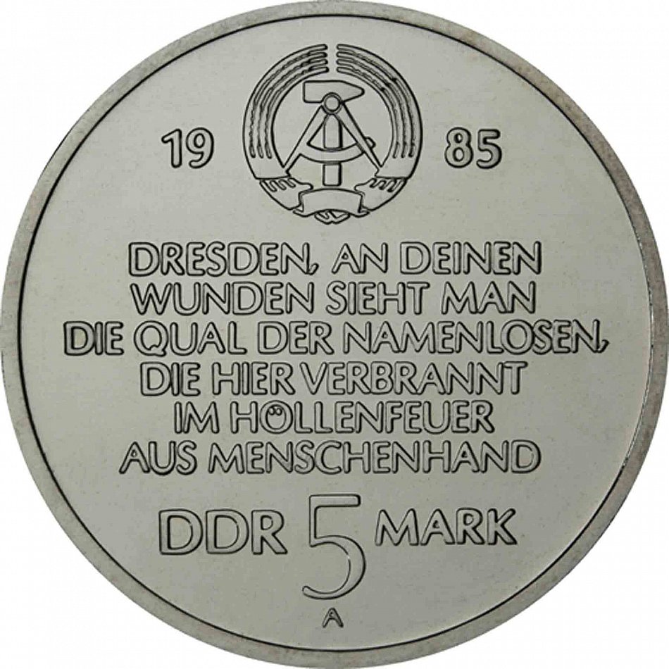 DDR 5 Mark 1985 stgl. Frauenkirche 40. Jahrestag der Zerstörung von Dresden