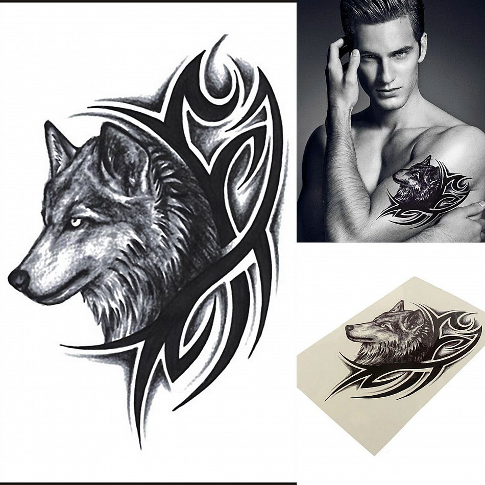 EINMALTATTOO TEMPORARY WOLF WOLFSKOPF TRIBAL LOOK SCHWARZ GRAU TATTOO