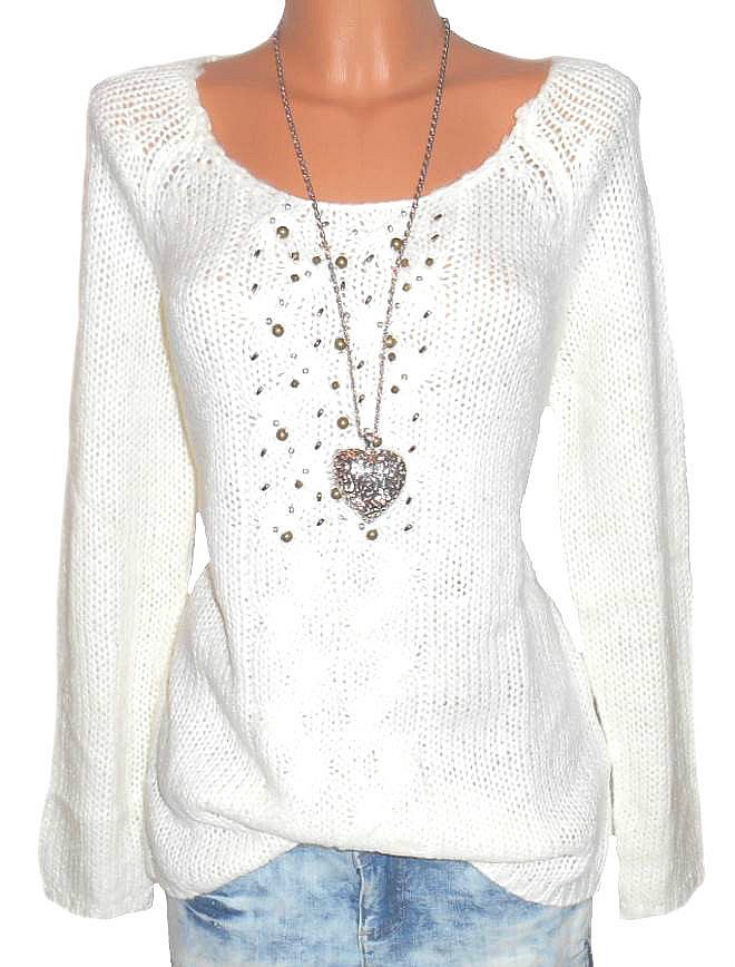 Damen Pullover mit Perlen ecru