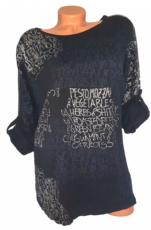 ITALY MODE Damen Shirt Langarm schwarz Pailletten Schrift ...