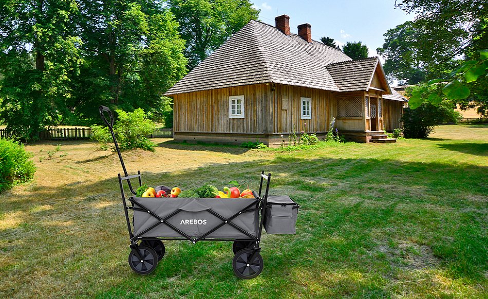 Chariot enfant XXL en bois et métal noir pique-nique pneus excursion