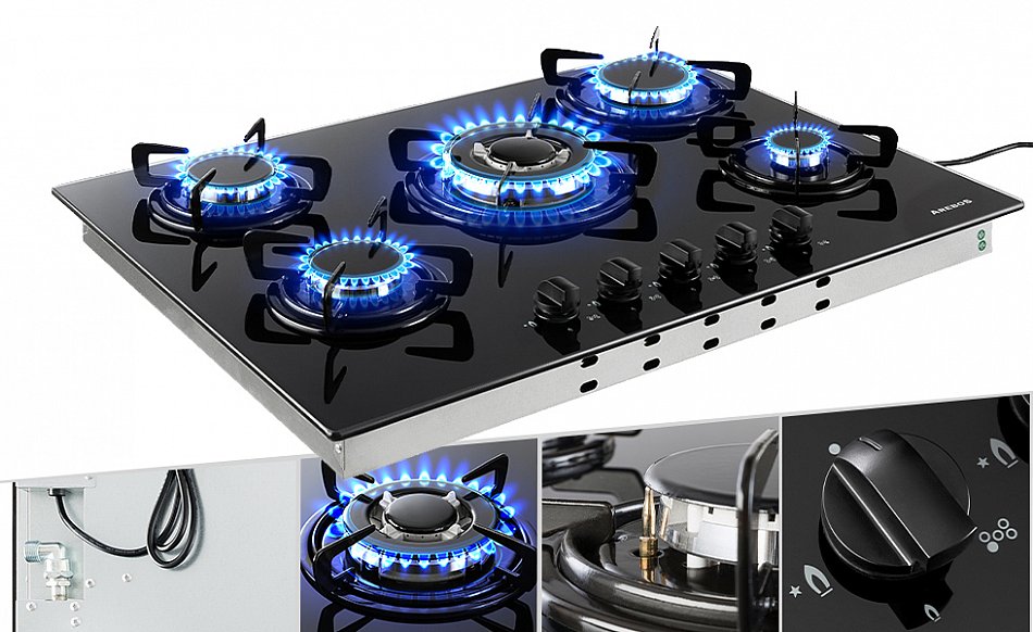 Gaskocher 5 Flammen Glaskeramik Gasherd Mit Automatischem Flammenschutz LPG/NG Gaskochfeld Einbauherd Für Erdgas Propangas Effizient Und