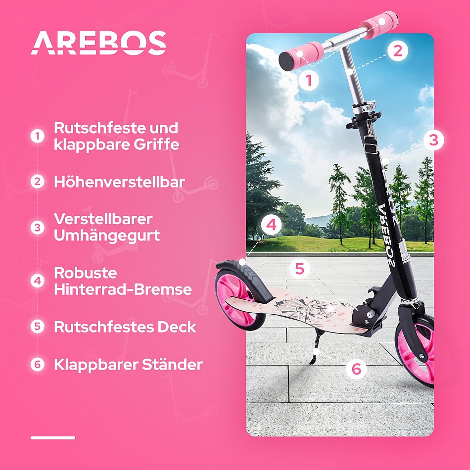 Arebos Scooter Tretroller, Tragegurt, Höhenverstellbar, Tritt-Bremse, max.  100 kg