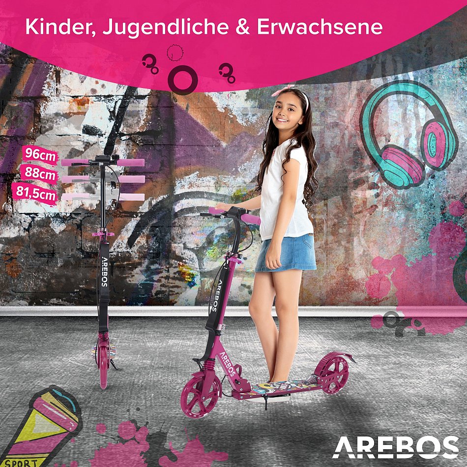 Klappbarer Kickscooter Arebos Cityroller Mit LED-Rädern – Höhenverstellbar & Klappbar | Für Kinder & Erwachsene Bis 100kg Arebos Tretroller