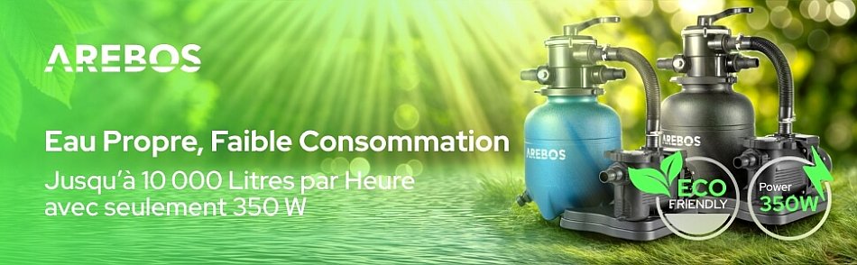 Système De Filtration à Sable Pour Piscine AREBOS – Pompe 400W, Débit 10200 L/h, Vanne 4 Voies